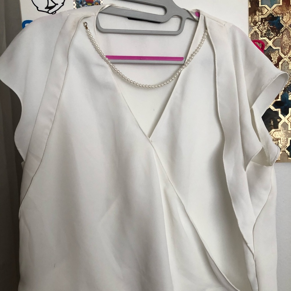 ZARA White Flowy Blouse With Pearl Detailing